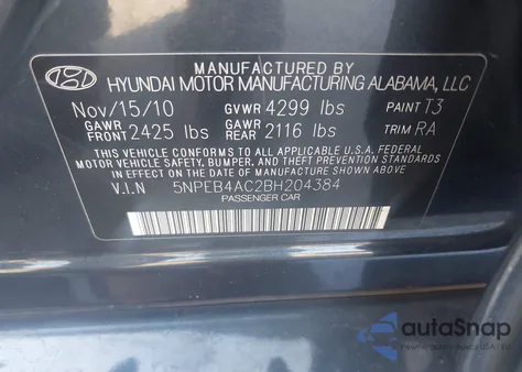 2011 Hyundai Sonata Gls from USA, damaged, VIN 5NPEB4AC2BH204384